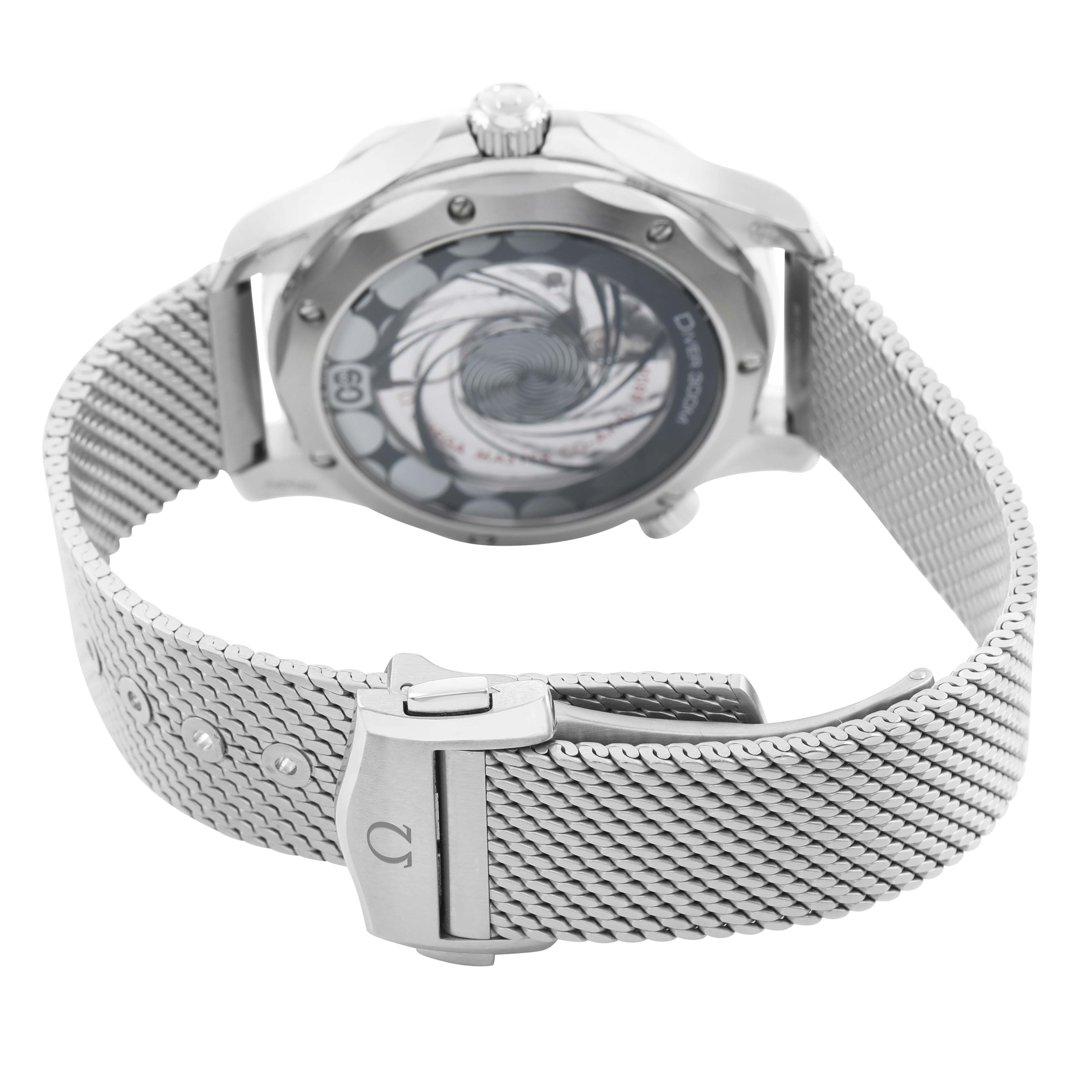 The Omega Seamaster 210.30.42.20.03.002 Men's Stainless Steel Blue Dial watch is shown from the back, highlighting the case back and mesh bracelet clasp.